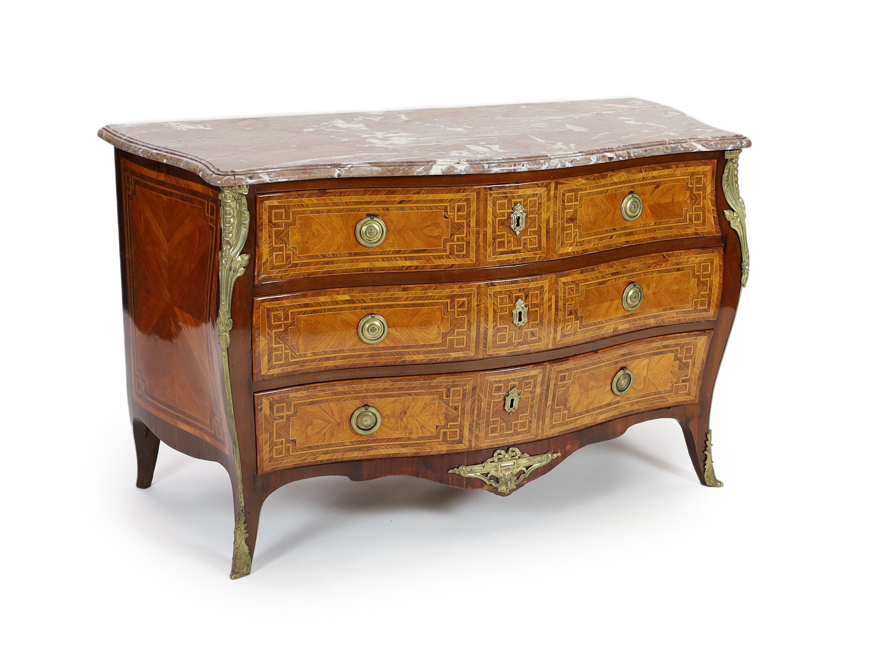 A late 18th century French banded kingwood serpentine marble top commode, with gilt metal mounts, stamped H. Wirtz to top, width 148cm, depth 69cm, height 90cm